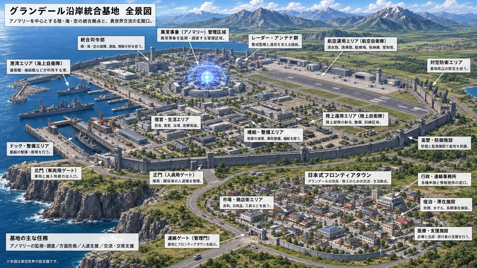 港湾、飛行場、中央のアノマリー、隣接する街を示したグランデール沿岸統合基地の上空図